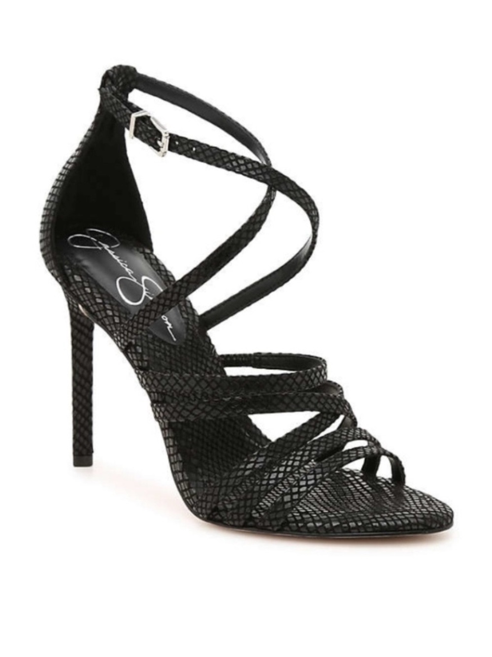 Jessica Simpson Black Faux-Snakeskin Strappy Stiletto Sandal